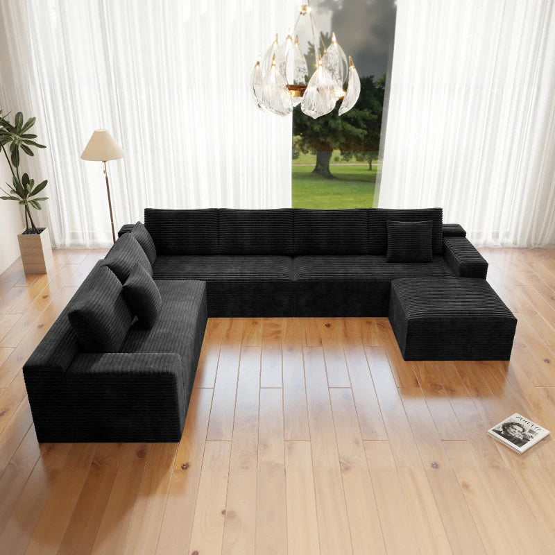 Flexo Corduroy Modular 6-Seat Sectional Couch with ottoman