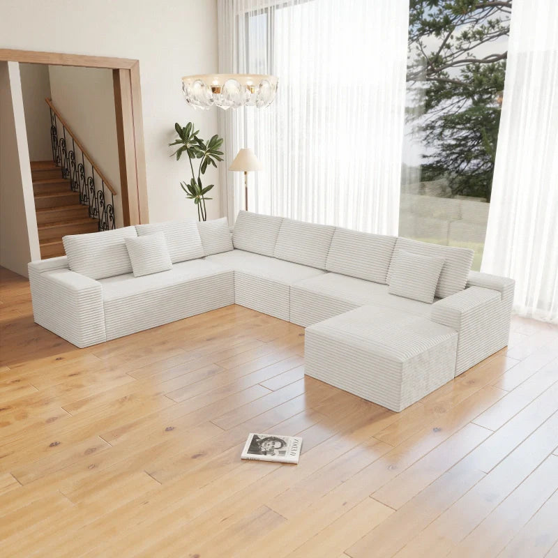 Flexo Corduroy Modular 6-Seat Sectional Couch with ottoman