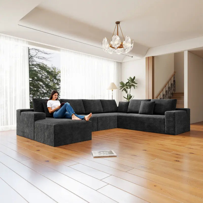 Flexo Corduroy Modular Sectional Couch 6-7 Seat Sofa