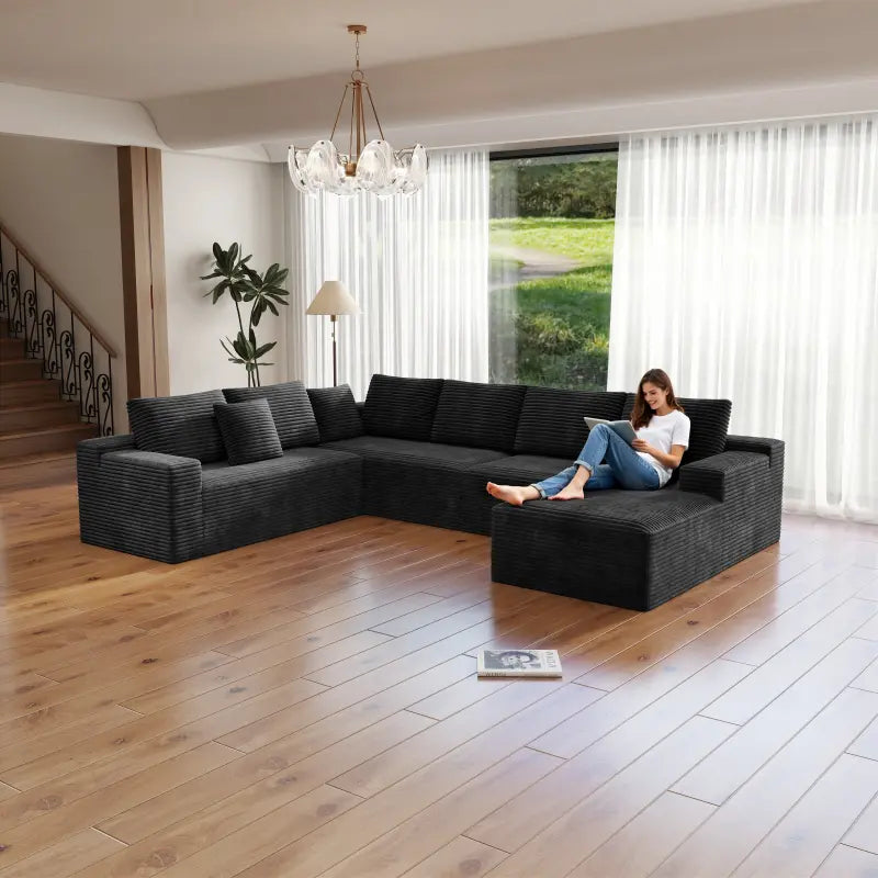 Flexo Corduroy Modular 6-Seat Sectional Couch with Lounge Chaise