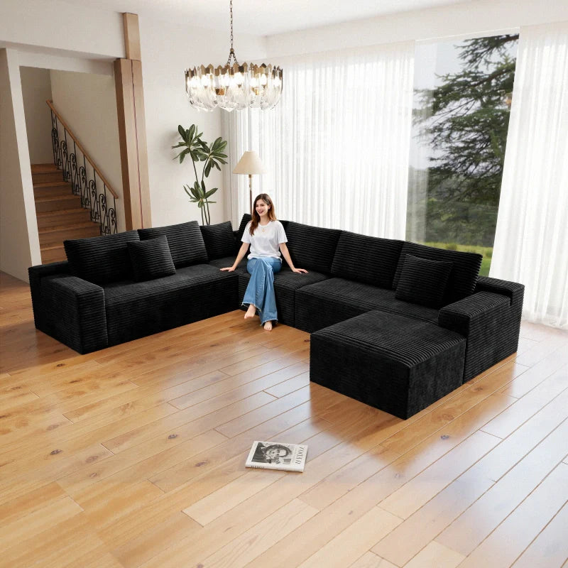 Flexo Corduroy Modular 6-Seat Sectional Couch with ottoman