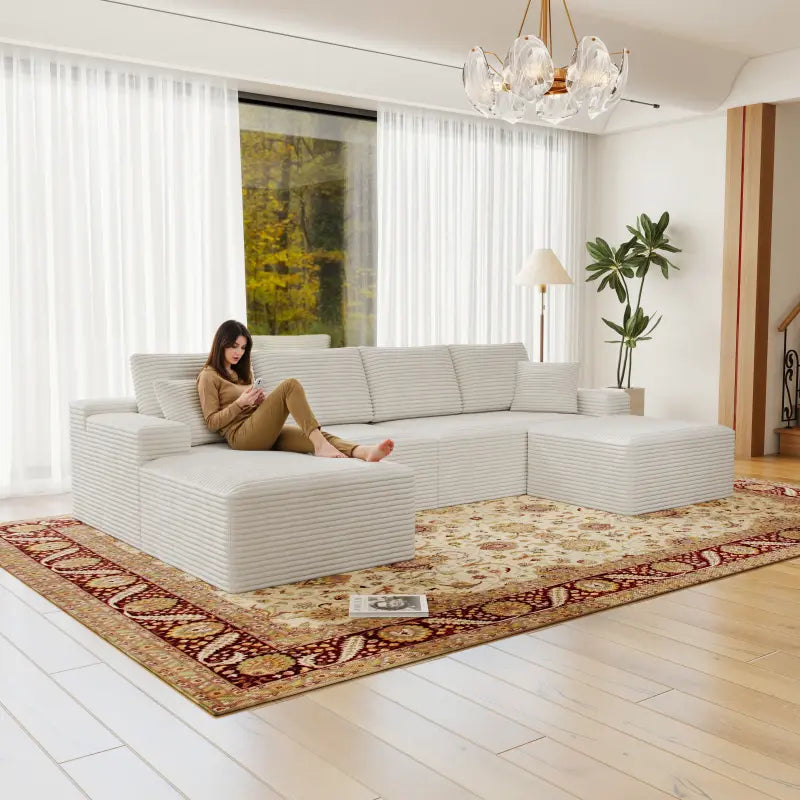 Flexo Corduroy Modular Sectional U-Shaped Sofa with Ottoman – SerenityFurn