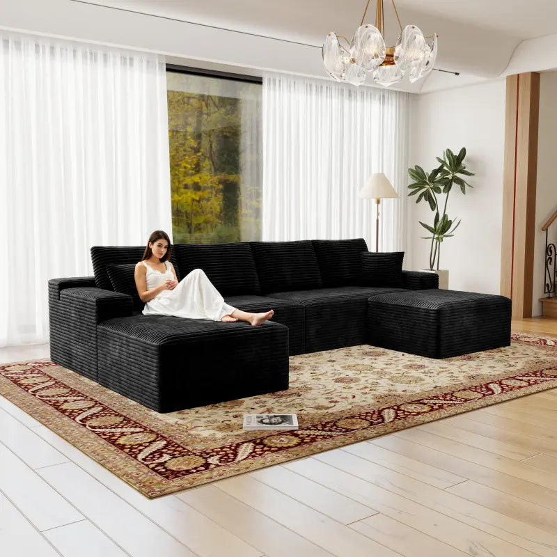 Flexo Corduroy Modular Sectional U-Shaped Sofa with Ottoman