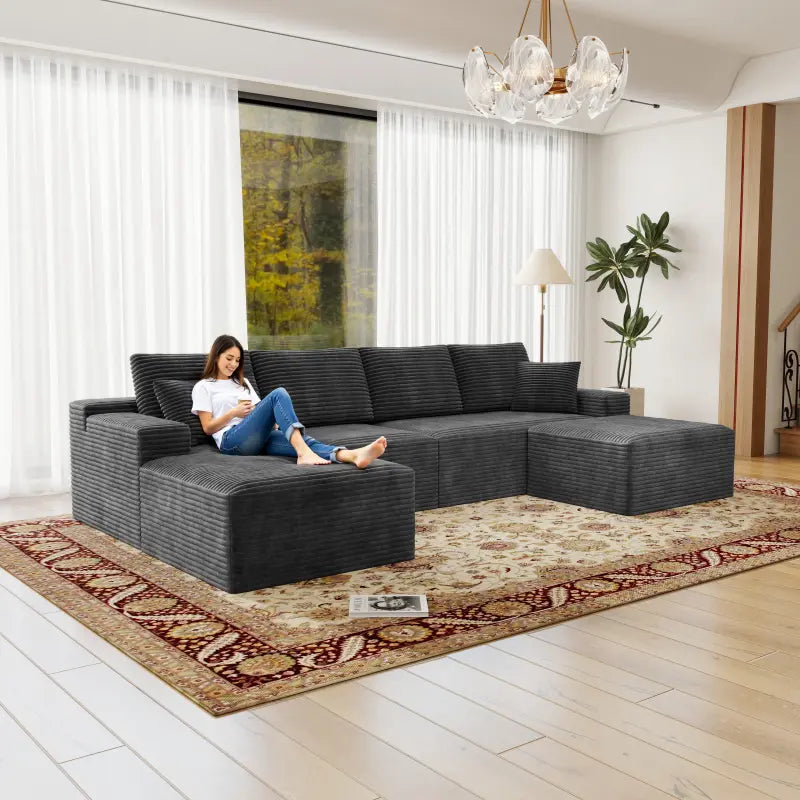 Flexo Corduroy Modular Sectional U-Shaped Sofa with Ottoman – SerenityFurn