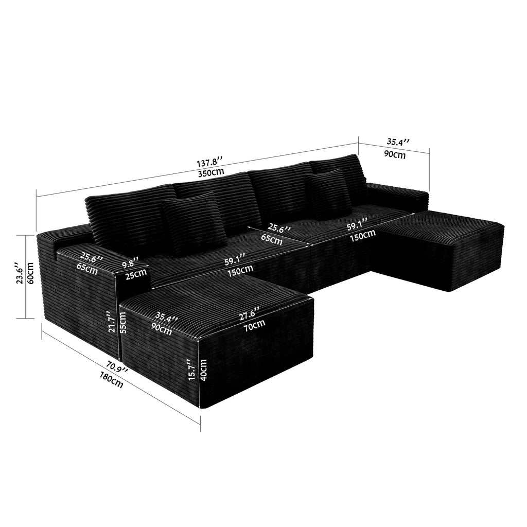 Flexo Corduroy Modular U-Shaped Sectional Couch with 2 ottomans