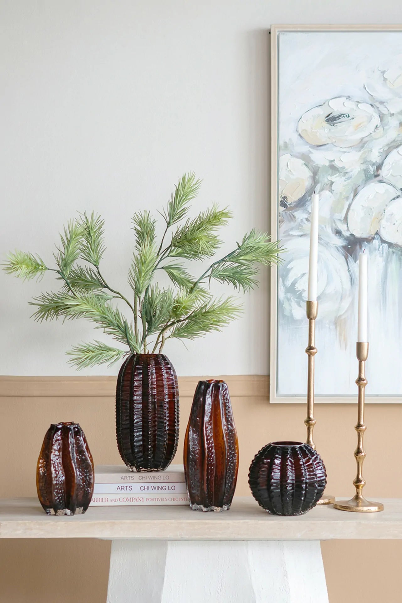 Amber Textured Cylinder Glass Vase 11 Inch Elegant Home Decor Centerpiece