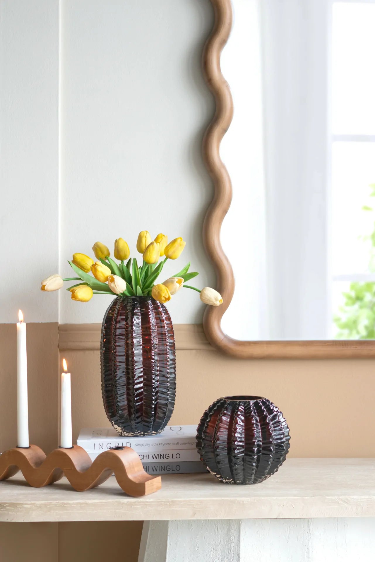 Amber Textured Round Glass Vase 6.7x6 Inch Unique Home Decor Centerpiece