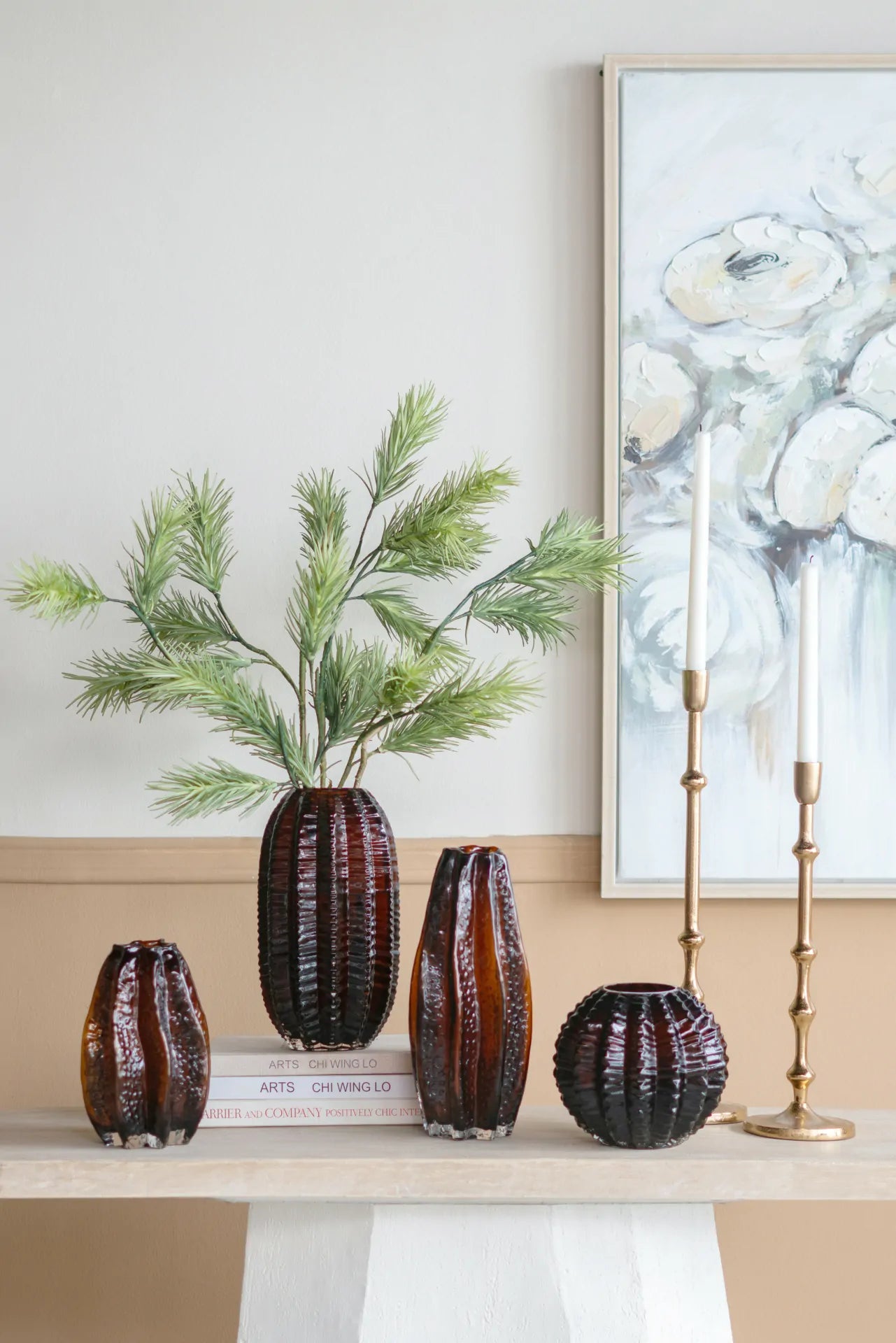 Amber Textured Round Glass Vase 6.7x6 Inch Unique Home Decor Centerpiece