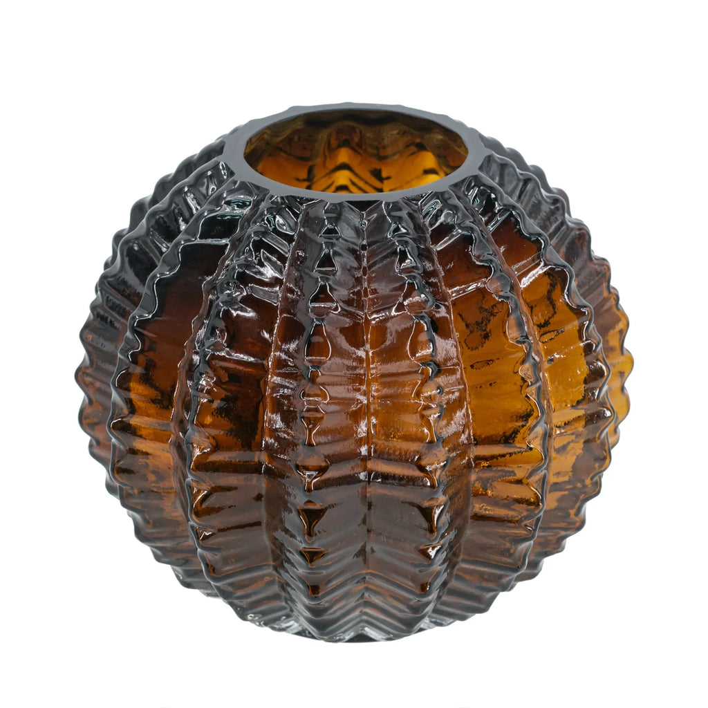 Amber Textured Round Glass Vase 6.7x6 Inch Unique Home Decor Centerpiece