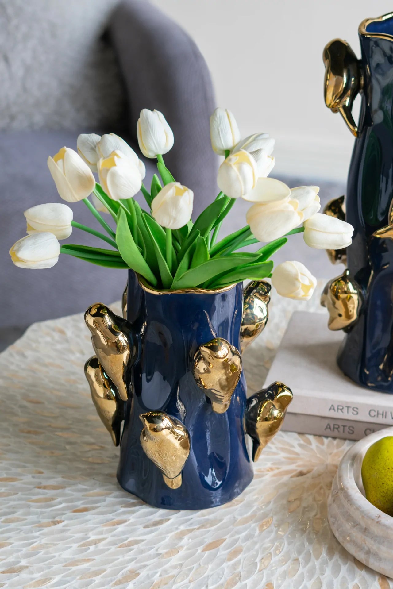 Blue Ceramic Tree Branch Vase with Gold Bird Accents 9.5 Inch Home Decor