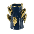 Blue Ceramic Tree Branch Vase with Gold Bird Accents 9.5 Inch Home Decor