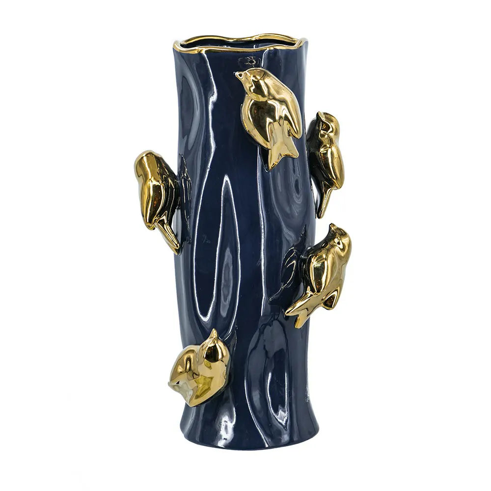 Blue Ceramic Tree Branch Vase with Gold Birds 15.5 Inch Elegant Home Decor