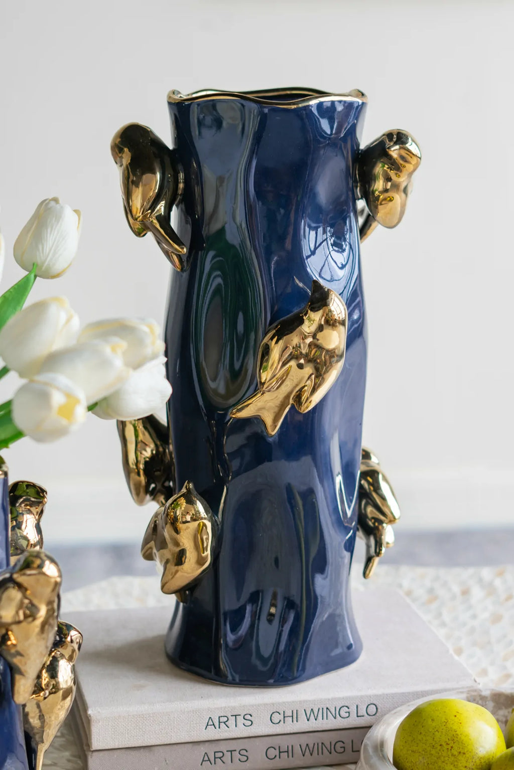 Blue Ceramic Tree Branch Vase with Gold Birds 15.5 Inch Elegant Home Decor