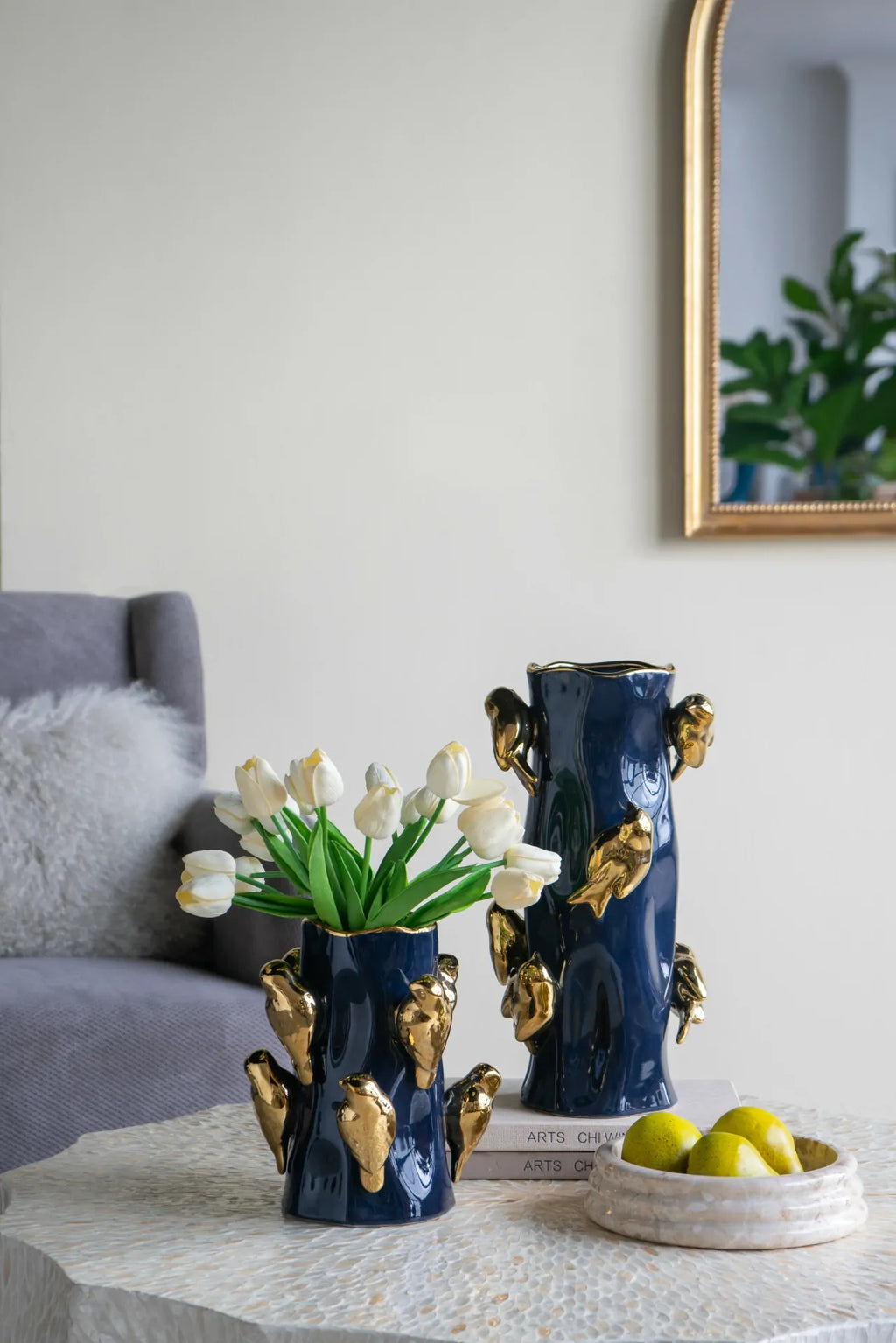 Blue Ceramic Tree Branch Vase with Gold Birds 15.5 Inch Elegant Home Decor