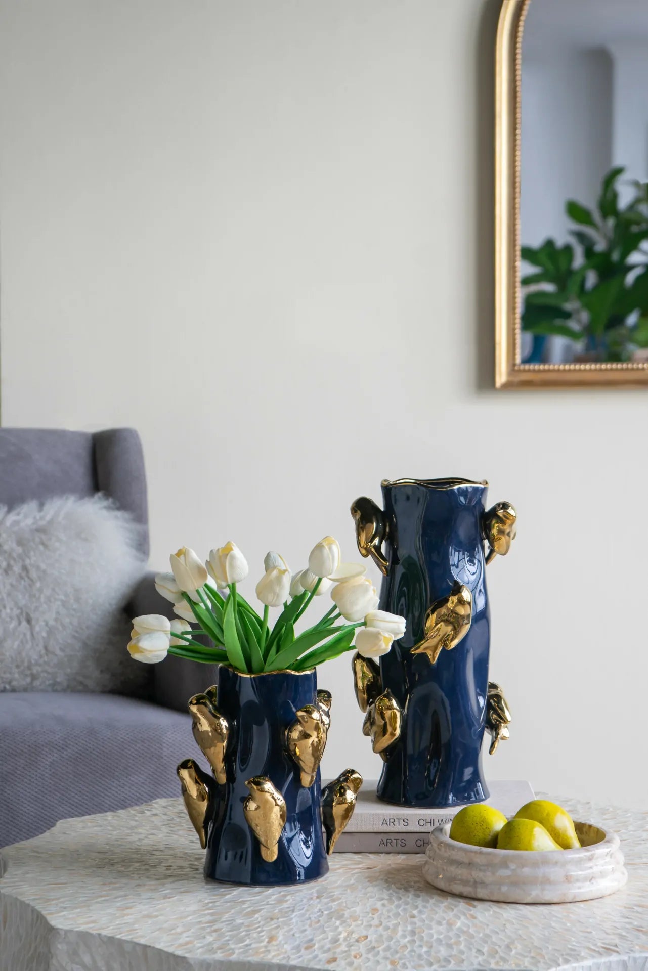 Blue Ceramic Tree Branch Vase with Gold Birds 15.5 Inch Elegant Home Decor