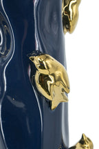 Blue Ceramic Tree Branch Vase with Gold Birds 15.5 Inch Elegant Home Decor