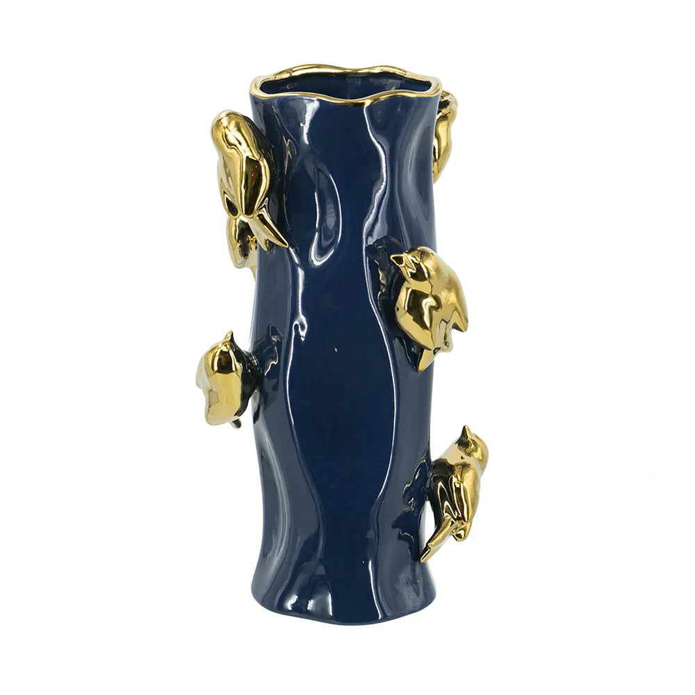Blue Ceramic Tree Branch Vase with Gold Birds 15.5 Inch Elegant Home Decor