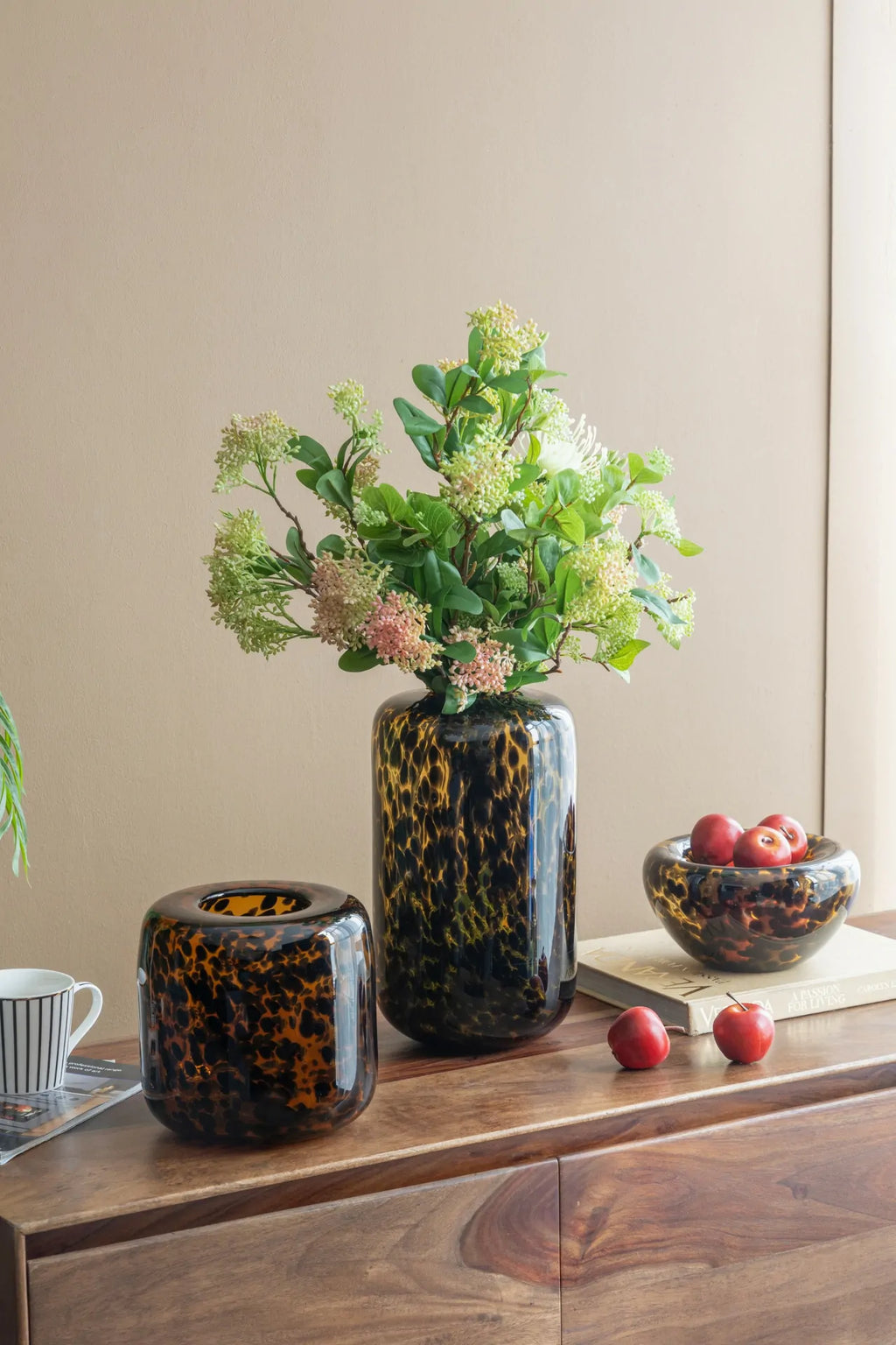 Brown and Amber Cheetah Print Glass Vase 7.9 Inch Short Cylinder Planter