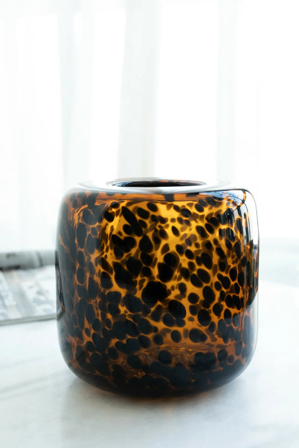 Brown and Amber Cheetah Print Glass Vase 7.9 Inch Short Cylinder Planter