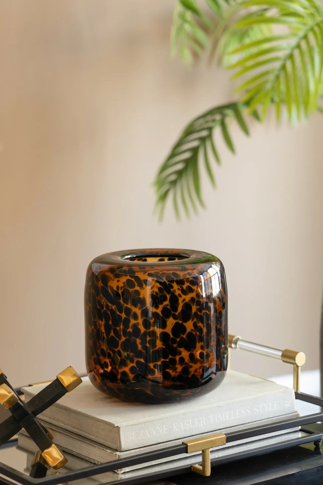 Brown and Amber Cheetah Print Glass Vase 7.9 Inch Short Cylinder Planter