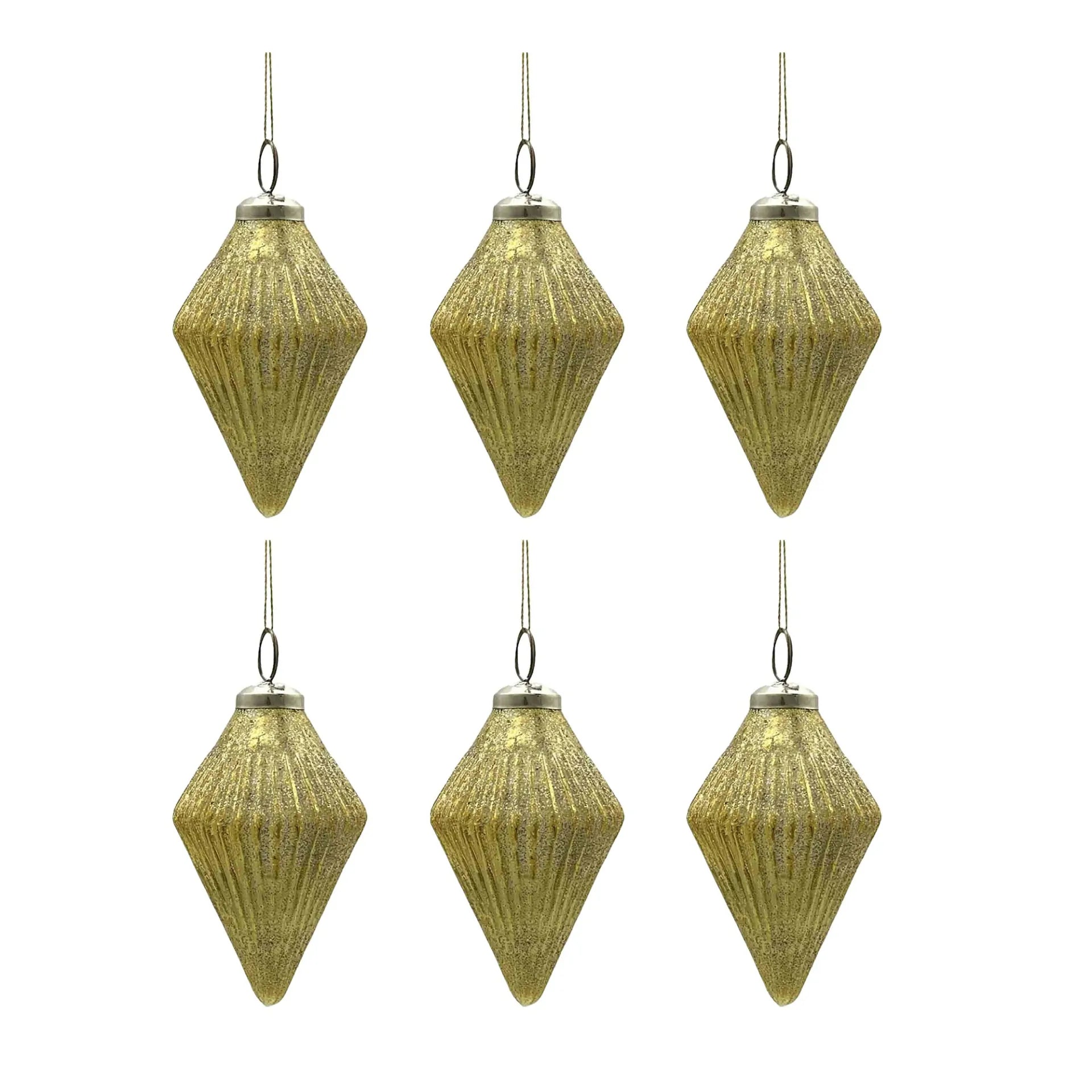Diamond Christmas Ornaments Set of 6 in Gold Glass with Ribbed Texture