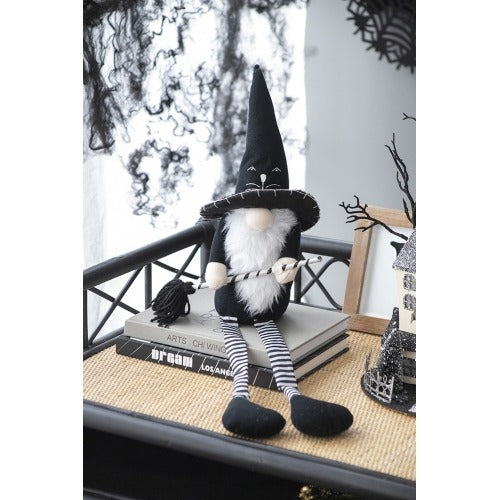 Fabric Sitting Gnome With BroomstickandLong Legs Halloween Decor