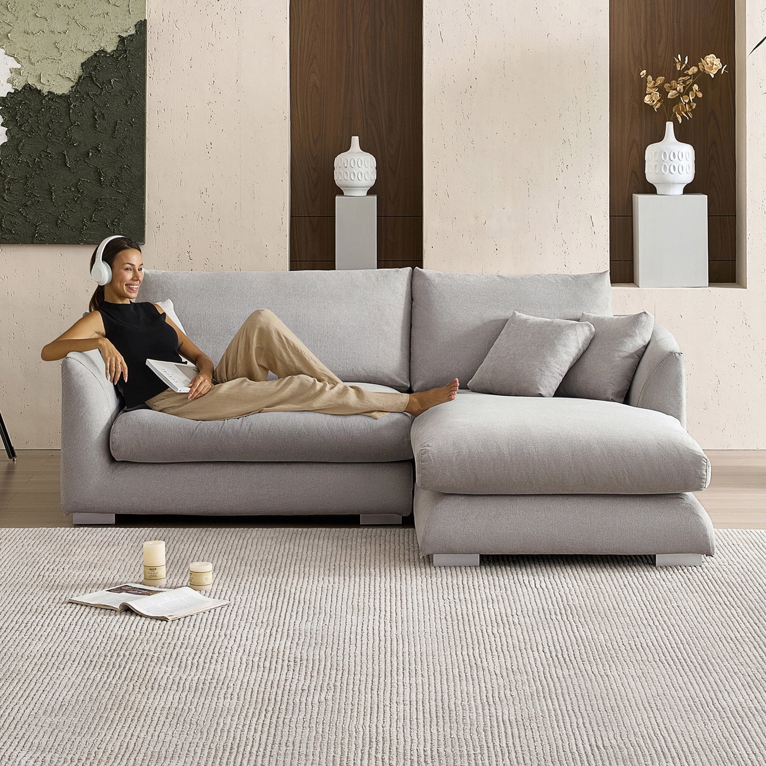 Feathers Sectional Couch Chaise Lounge 88-170 Inches
