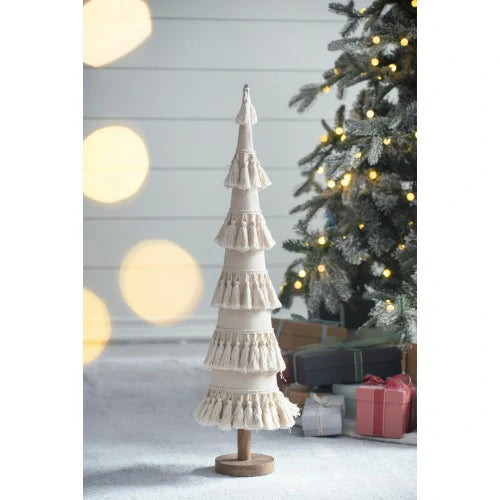 Fringed Cone Decor with Wooden Base