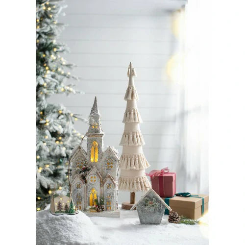 Fringed Cone Decor with Wooden Base