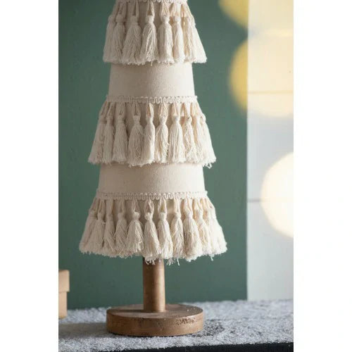 Fringed Cone Decor with Wooden Base