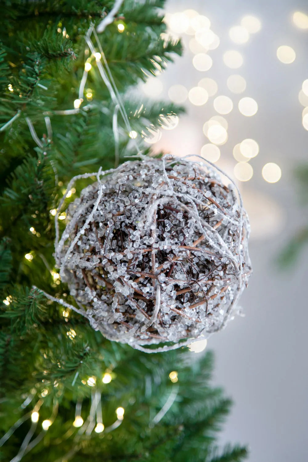 Frosted Christmas Ornaments Set of 4 Natural Sparkling Twig Balls