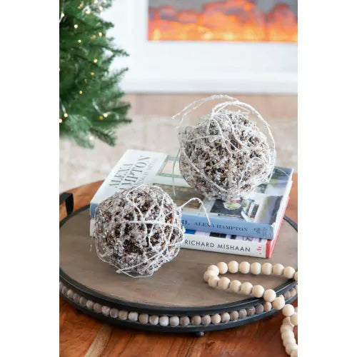 Frosted Christmas Ornaments Set of 4 Natural Sparkling Twig Balls