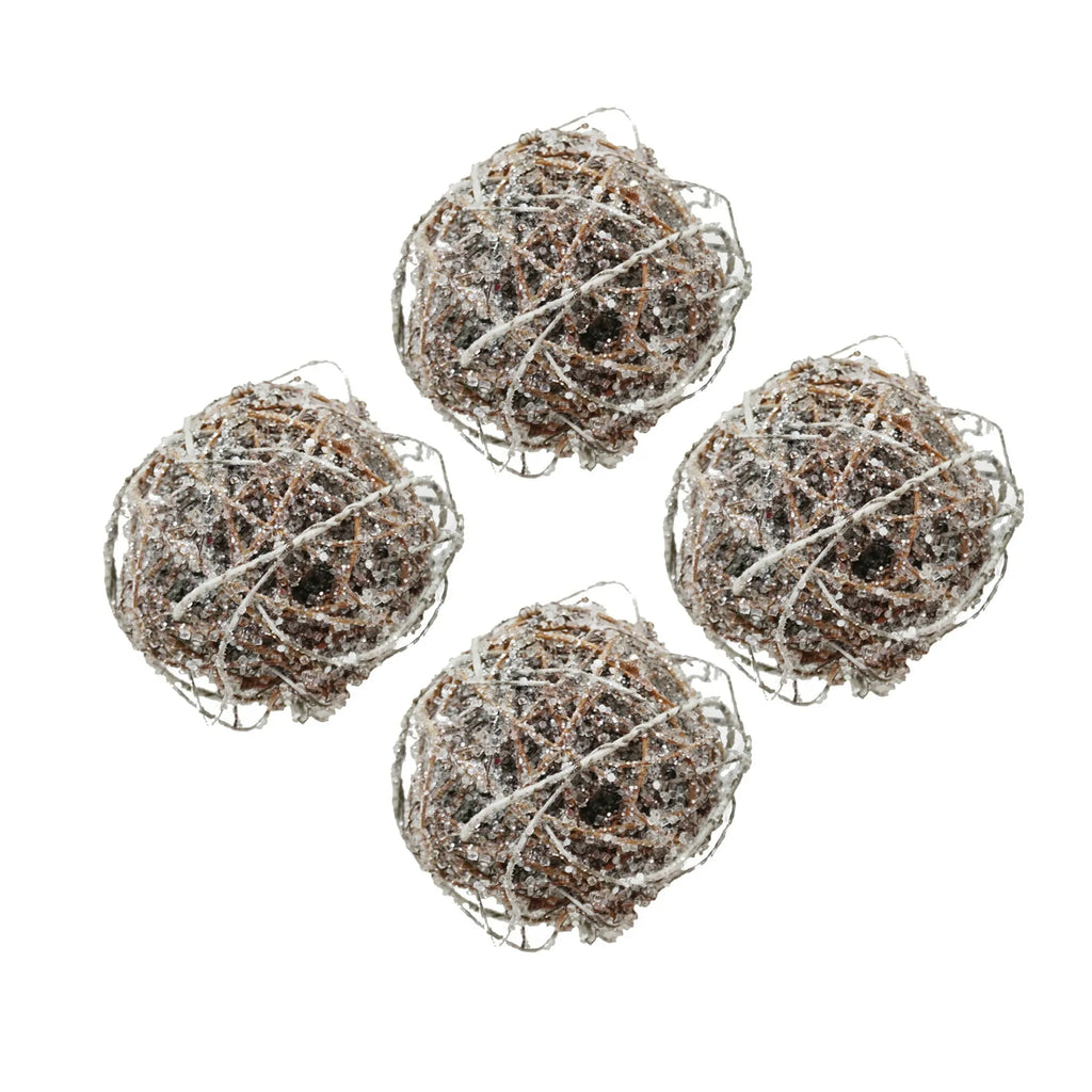 Frosted Christmas Ornaments Set of 4 Natural Twig Balls 5 Inch