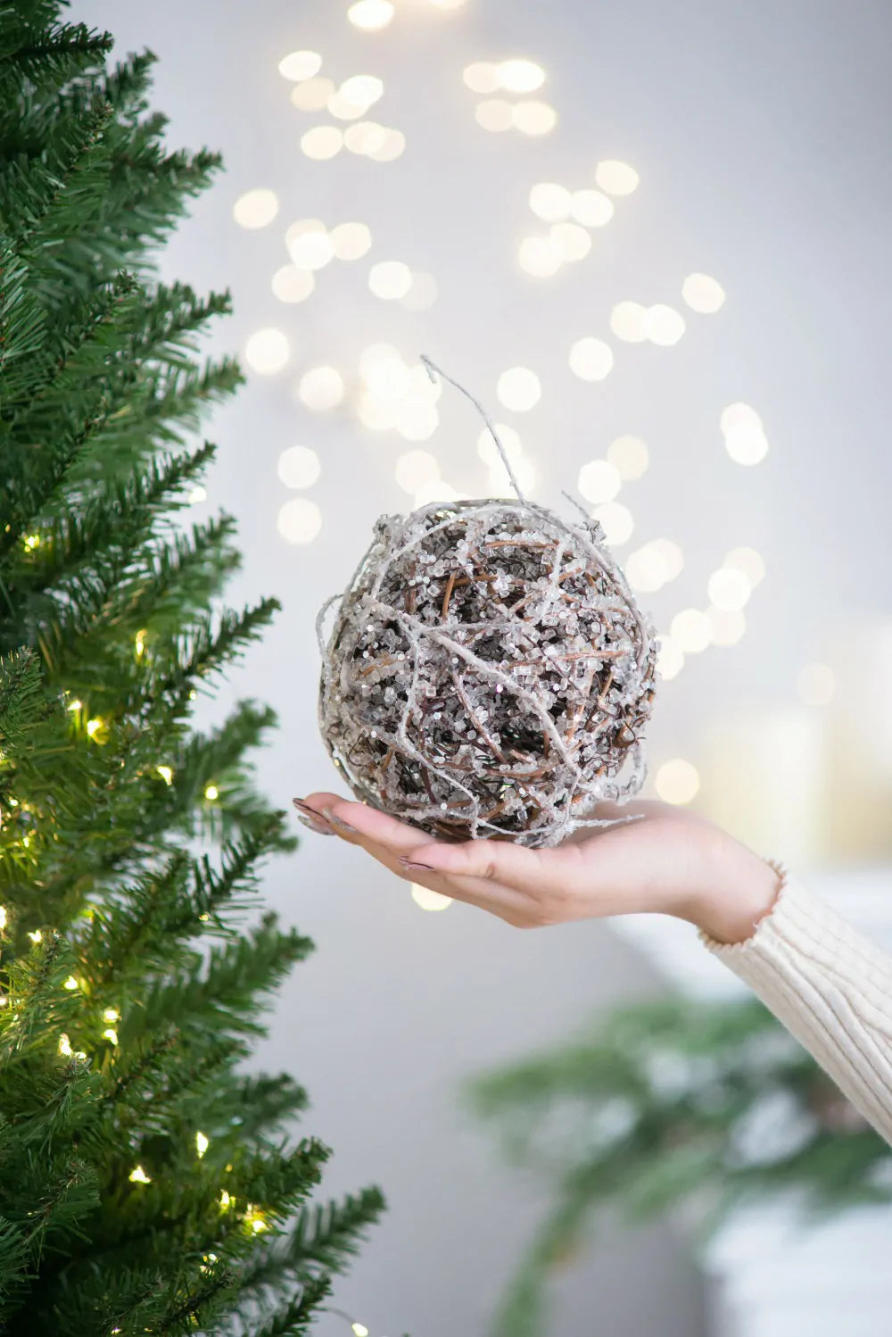 Frosted Christmas Ornaments Set of 4 Natural Twig Balls 5 Inch