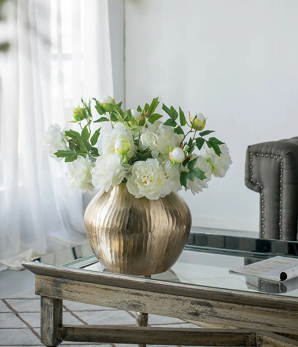 Gold Chiseled Aluminum Flower Vase 11.5 Inch Modern Home Decor Centerpiece