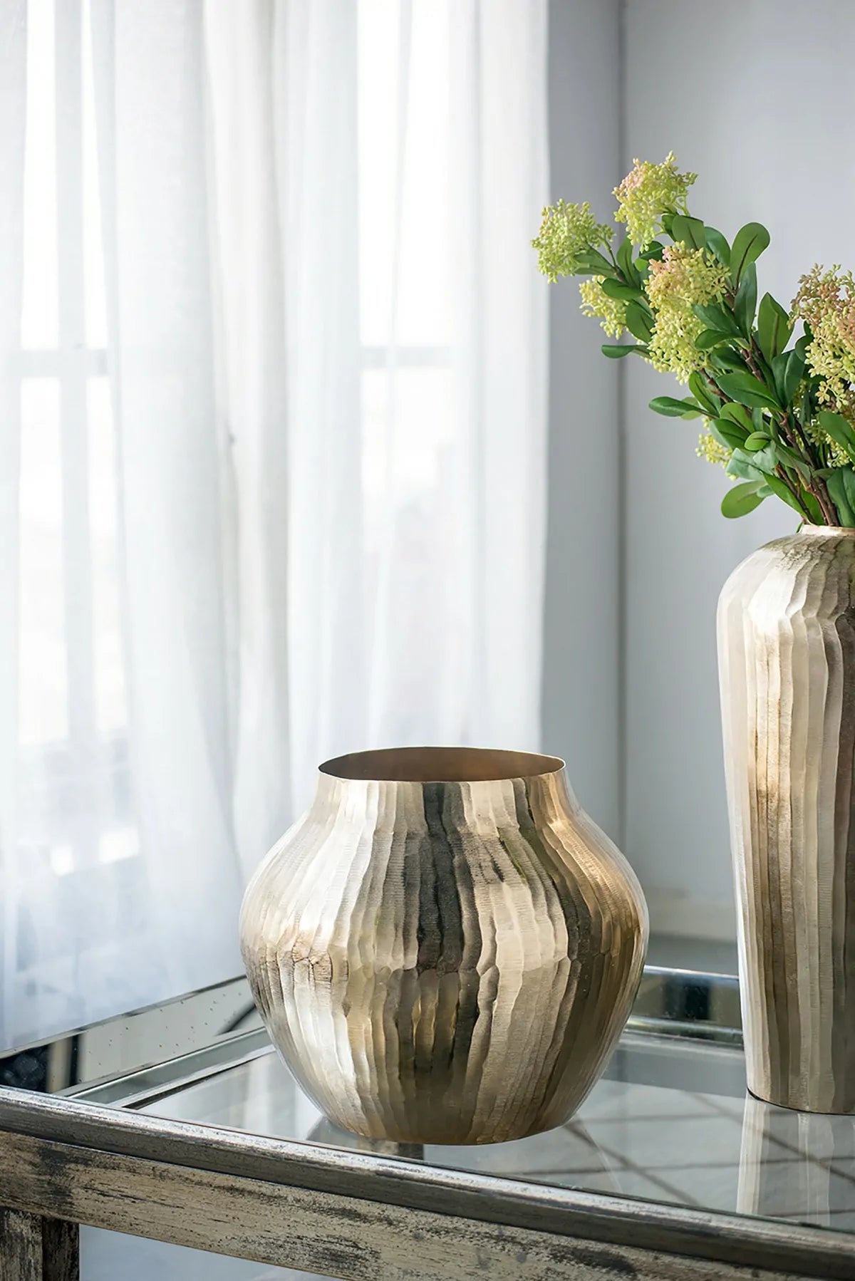 Gold Chiseled Aluminum Vase 11x11x9 Inch Modern Home Decor Centerpiece