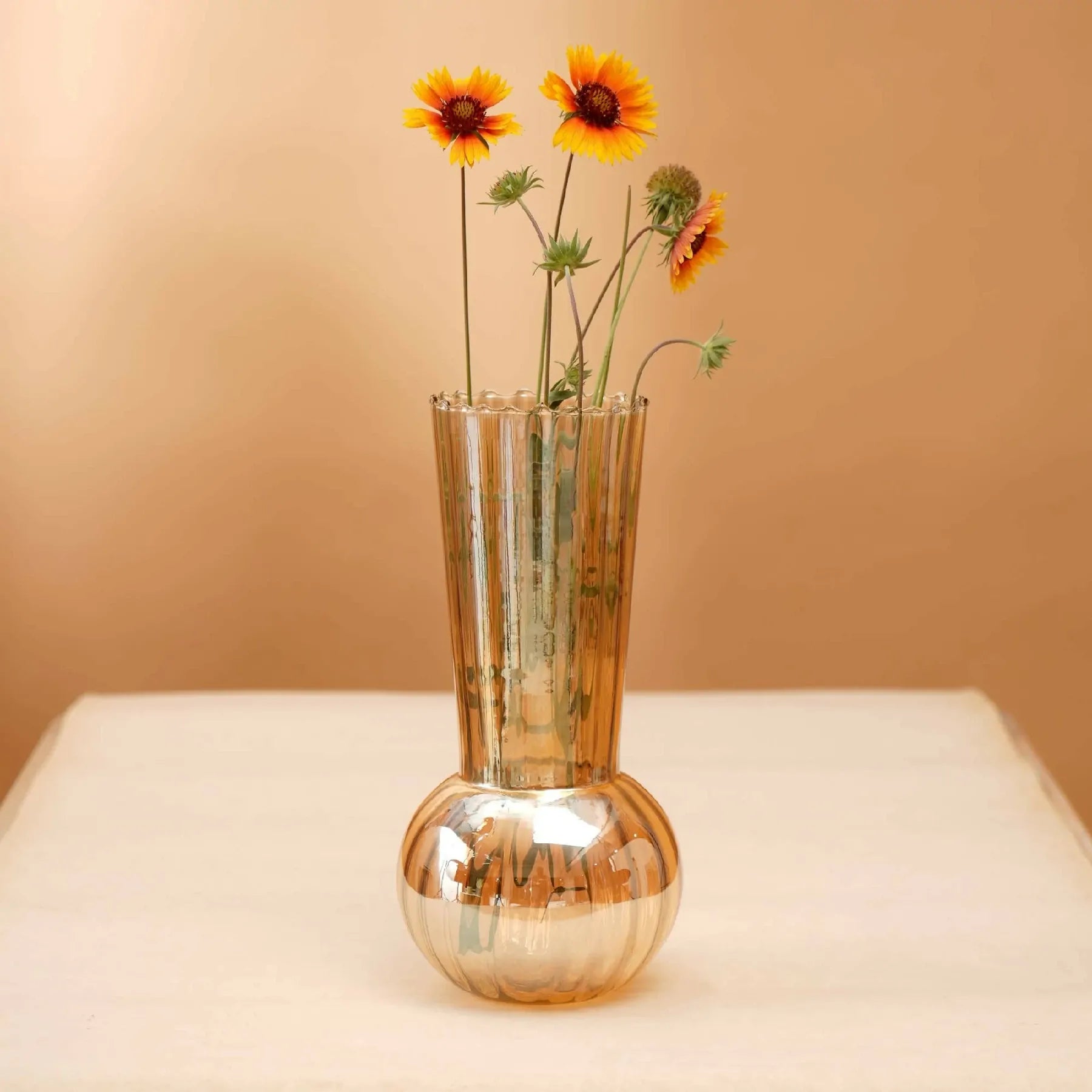 Gold Ribbed Bud Vase with Scalloped Rim 6.2 Inch Modern Home Decor