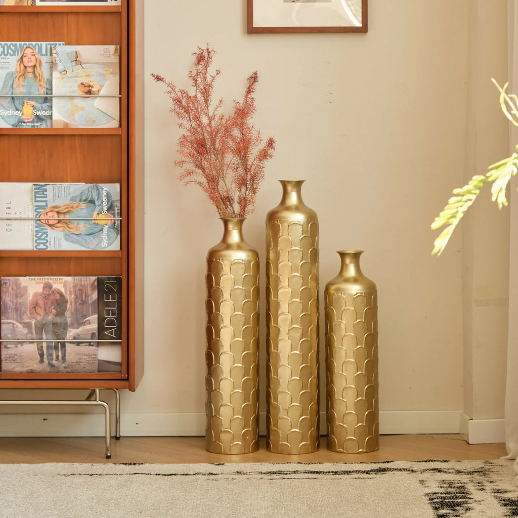 Gold Scale Texture Metal Floor Vases Set of 3 Modern Home Decor
