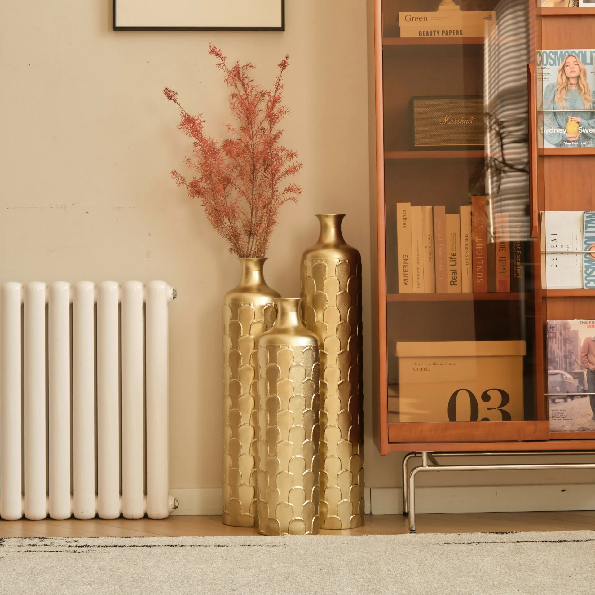 Gold Scale Texture Metal Floor Vases Set of 3 Modern Home Decor