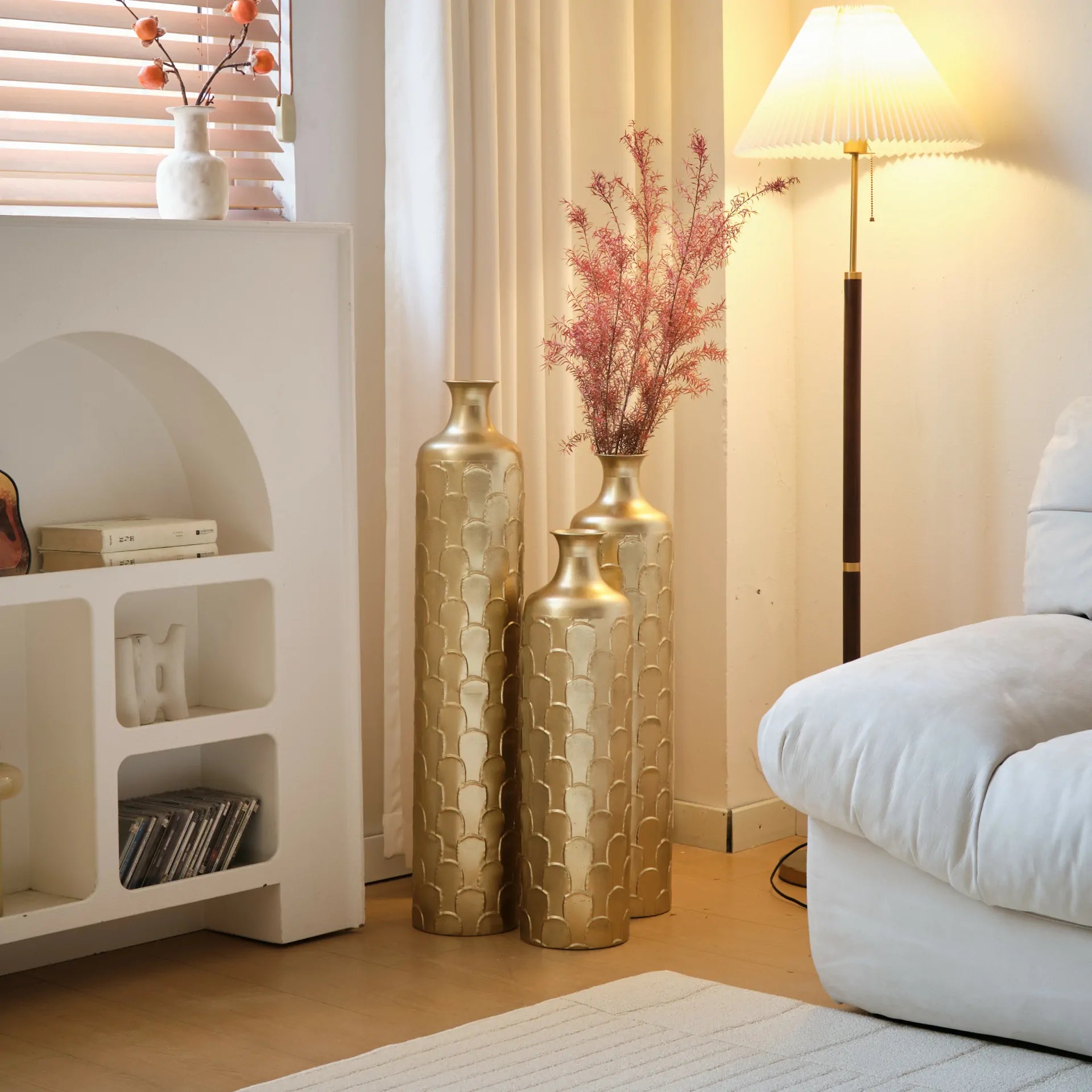 Gold Scale Texture Metal Floor Vases Set of 3 Modern Home Decor