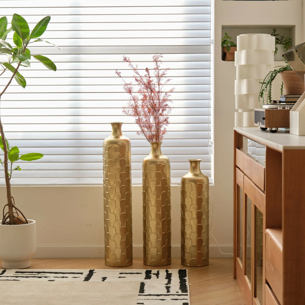 Gold Scale Texture Metal Floor Vases Set of 3 Modern Home Decor