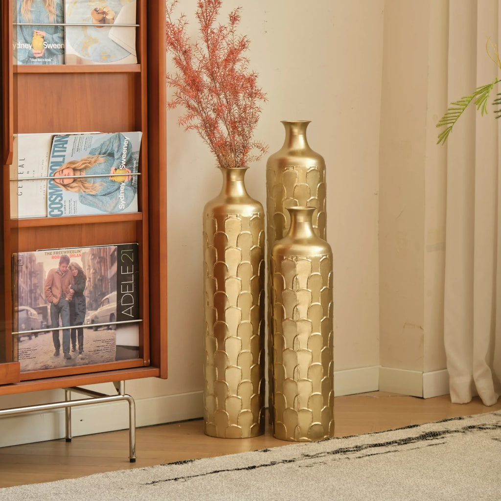 Gold Scale Texture Metal Floor Vases Set of 3 Modern Home Decor