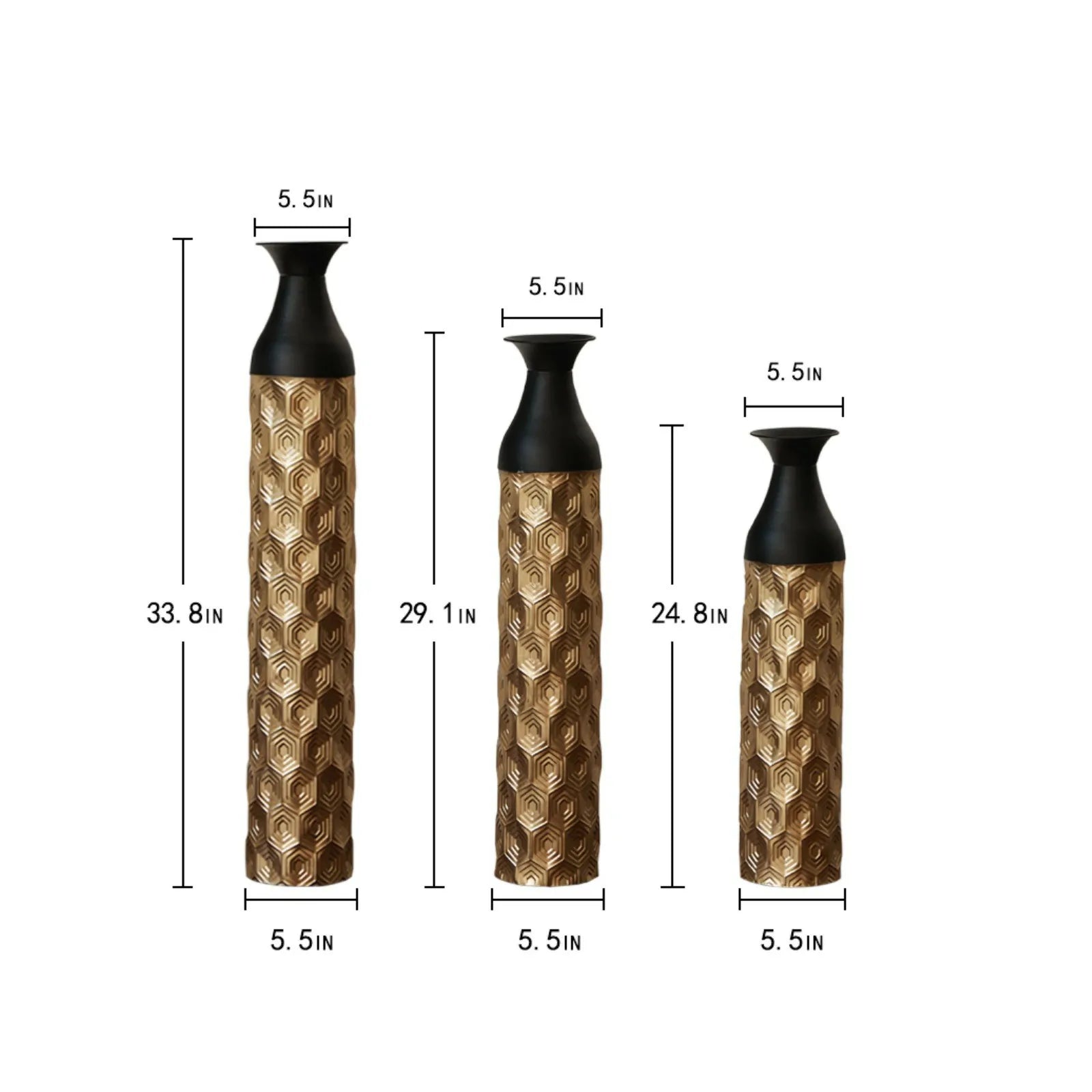 Gold and Black Scale Texture Metal Floor Vases Set of 3 Modern Home Decor