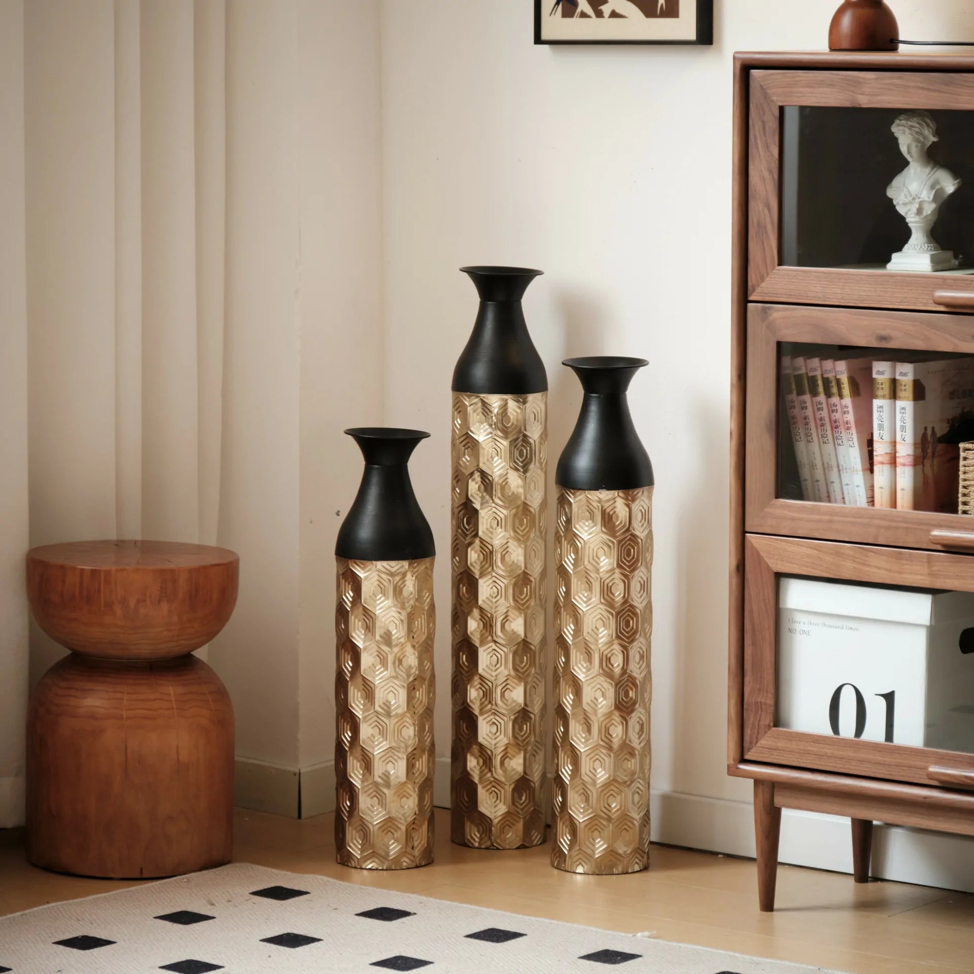 Gold and Black Scale Texture Metal Floor Vases Set of 3 Modern Home Decor