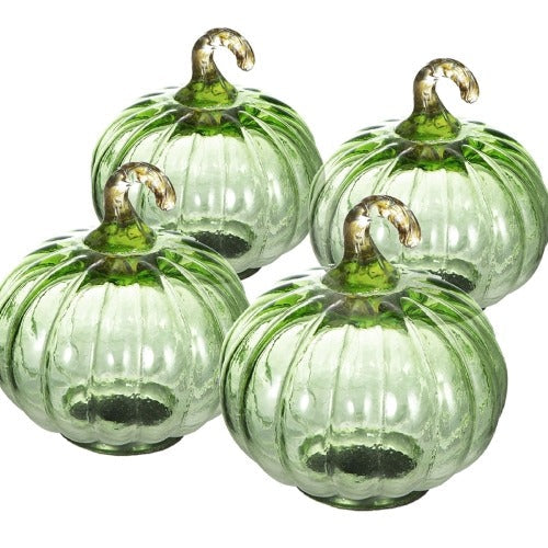 Green Glass Pumpkin Decor - 4pcs Fall and Thanksgiving Ornaments