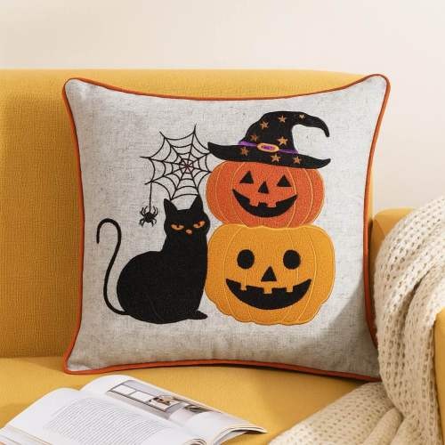 Halloween Black Cat Pumpkin Stack Pillow