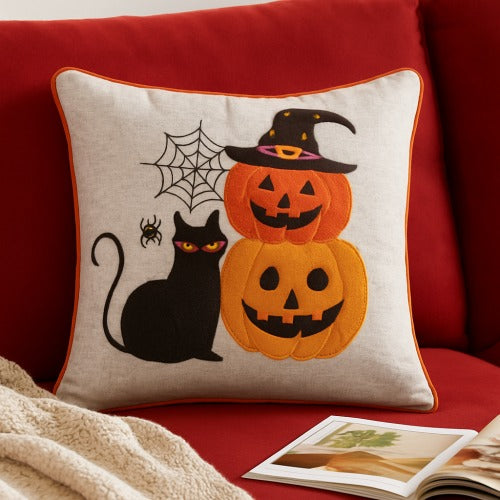 Halloween Black Cat Pumpkin Stack Pillow
