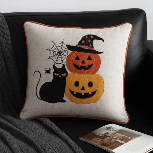 Halloween Black Cat Pumpkin Stack Pillow
