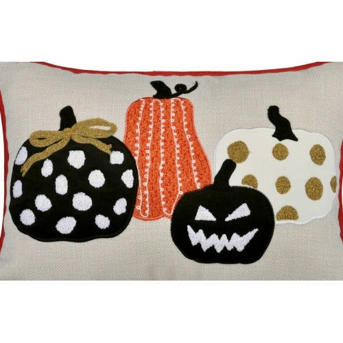 Halloween Pumpkin Embroidered Pillow - Polka Dot Linen Cushion