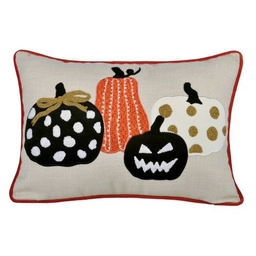 Halloween Pumpkin Embroidered Pillow - Polka Dot Linen Cushion
